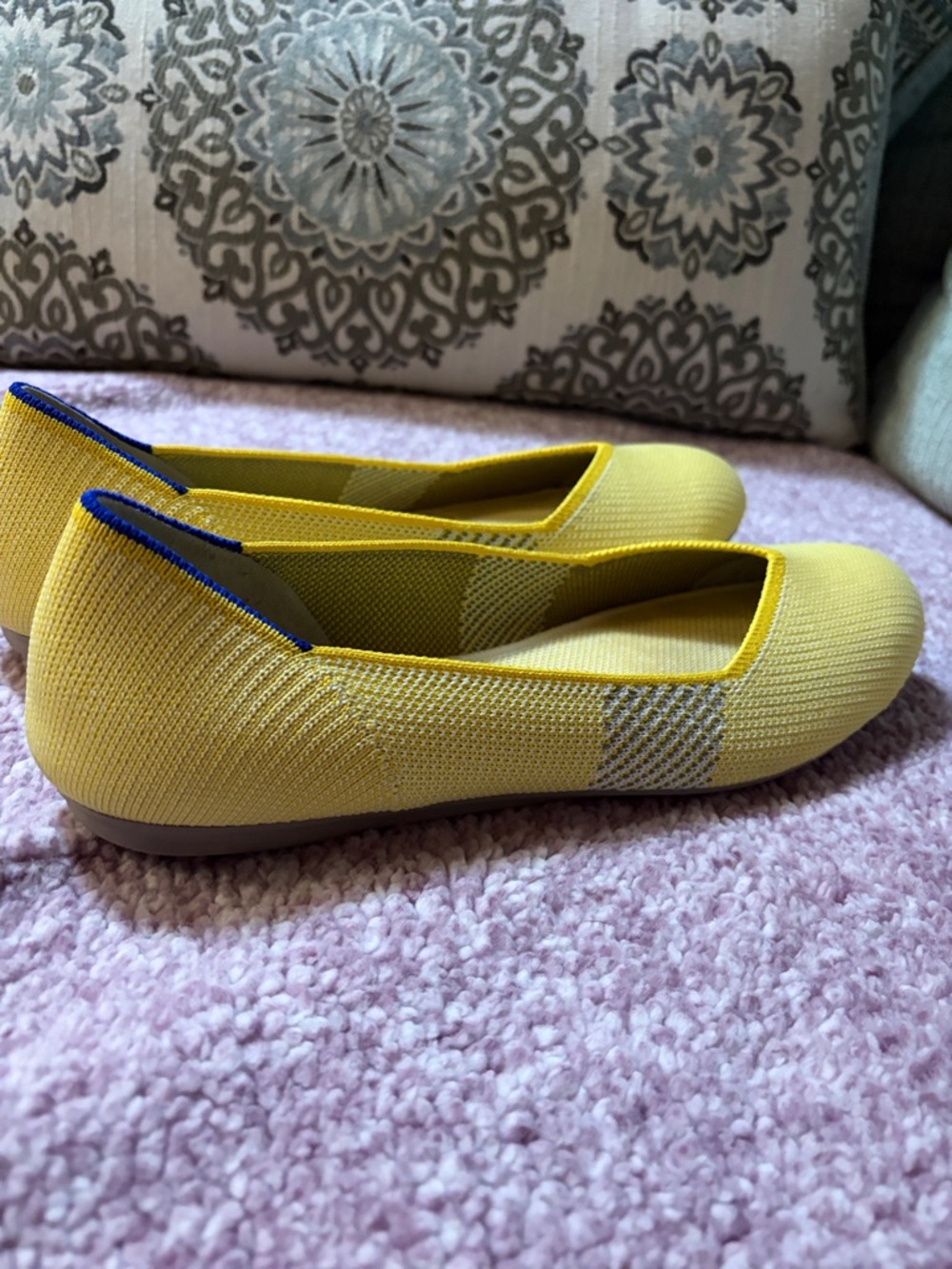 Rothy's Yellow Knit Pointed Flats with Blue Heel Trim - Picture 2 of 6